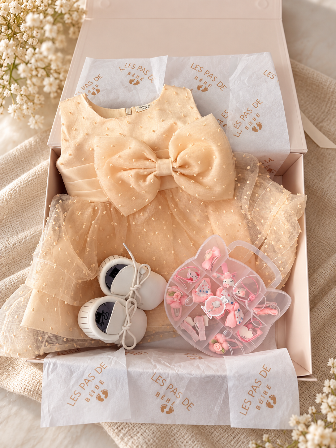 Blush Bow Baby Girl Gift Box – Dress, Shoes & Hair Accessories