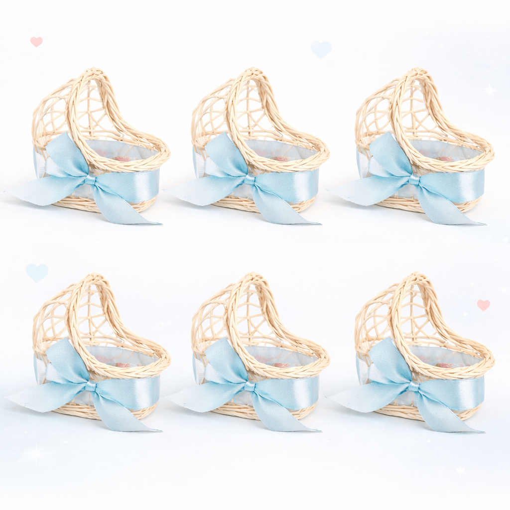Mini Wicker Baby Basket with Blue Satin Bow - Les Pas De Bébé