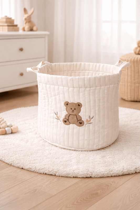Quilted Teddy Bear Storage Basket for Nursery & Kids Room - Les Pas De Bébé